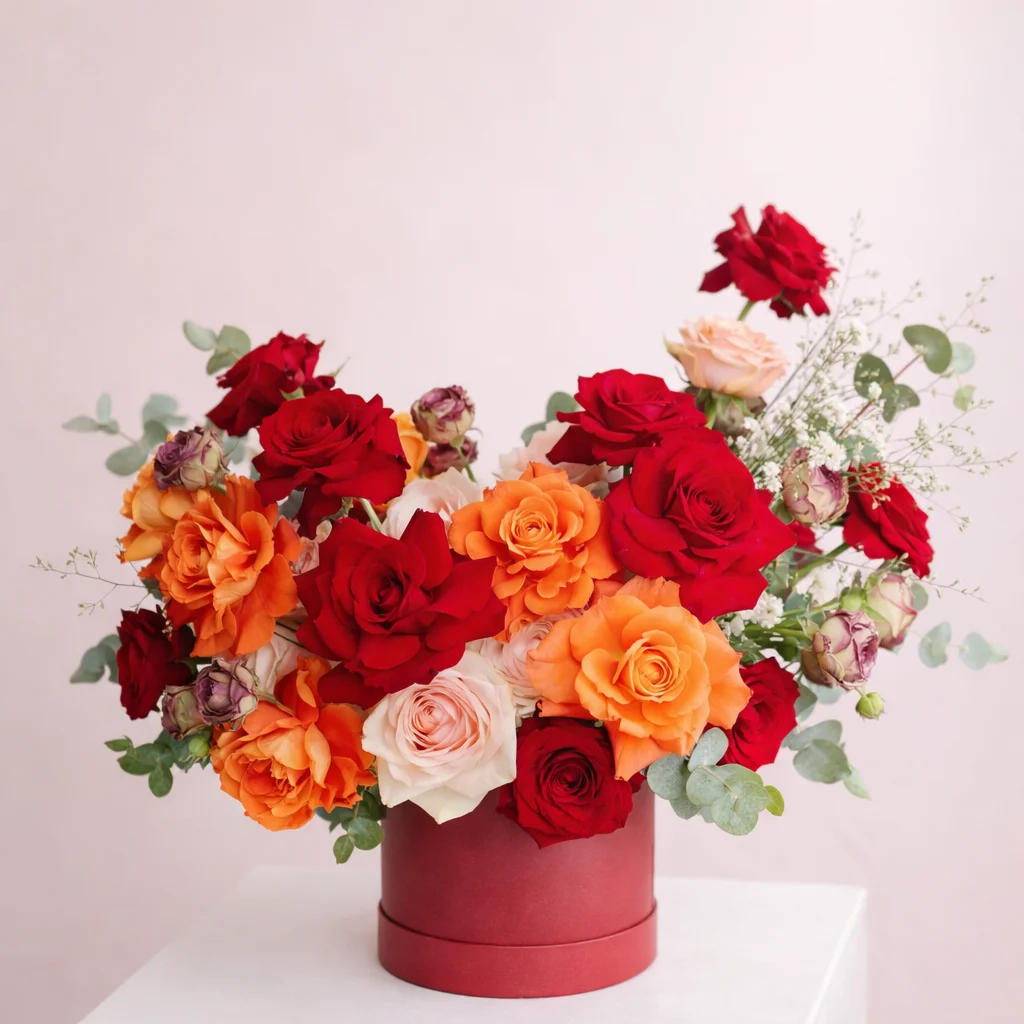 Incendio Interior - Rosas rojas, naranjas y rosadas en caja floral